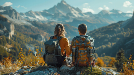 A young man and woman with backpacks, sitting on a mountain trail, enjoying a scenic view.
