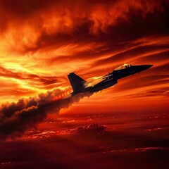 High-Speed Aviation: Old Fighter Jet Zooming Past in a Fiery Red and Orange Sky