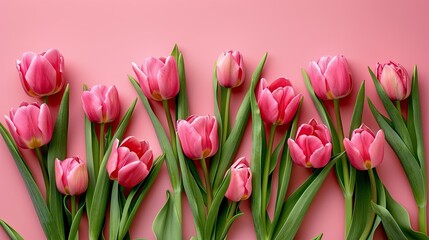 A stunning arrangement of spring flowers featuring a vibrant bouquet of pink tulips set against a soft pastel pink backdrop perfect for celebrating Valentine s Day Easter birthdays Happy Wo