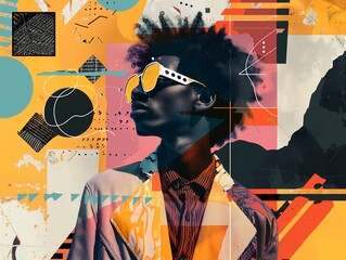 Dynamic digital collage featuring a stylish african american man in sunglasses, blending modern graphic elements with a fashion-forward aesthetic in a contemporary art-infused composition