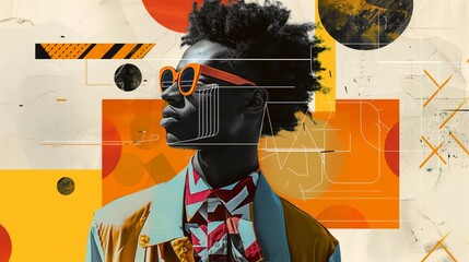 Stylishly dressed african american man with sunglasses stands out in a dynamic, geometric modernist collage, combining vintage and contemporary aesthetics for a striking visual impact