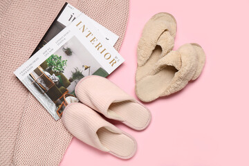 Two pairs of slippers and magazines on pink background. Top view