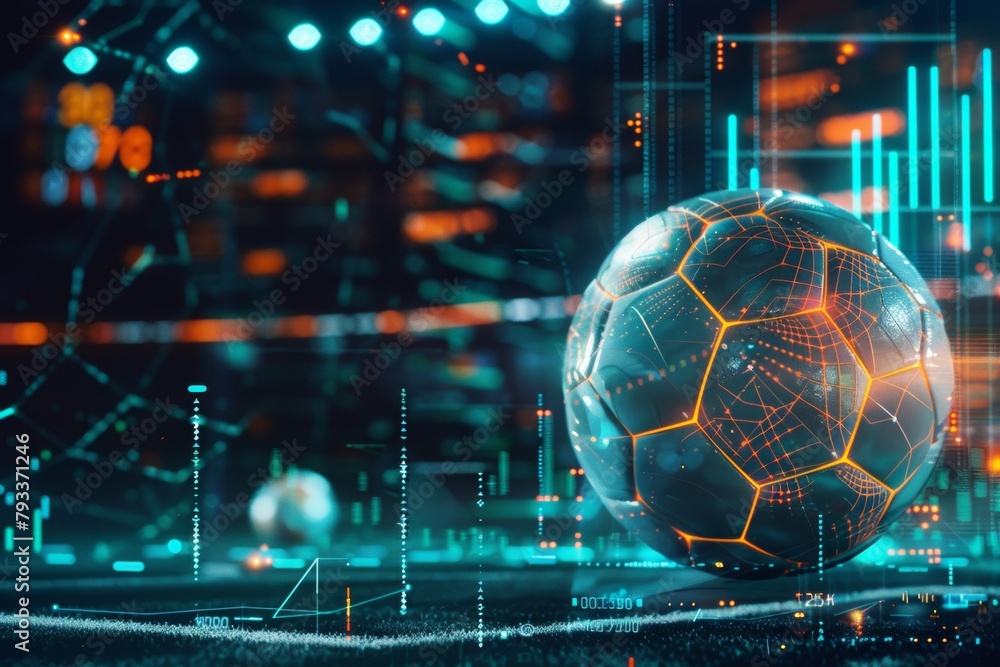 Poster close-up view of a soccer ball with glowing analytics data graphics on a futuristic interface