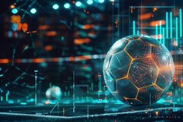 Close-up view of a soccer ball with glowing analytics data graphics on a futuristic interface