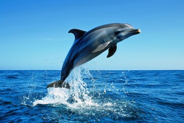 Fototapeta premium A dolphin jumps out of the water surface in the ocean.