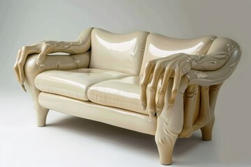 A grotesque sofa made of human arms and hands.