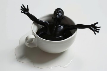 A human coming out of a cup of black coffee.