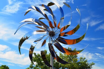 A kinetic sculpture with wind powered metal arms moving gracefully in the breeze.