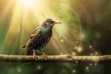 A beautiful starling sitting on a branch in the sun.