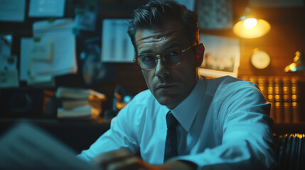 A focused man in glasses examines documents in a dimly lit office.