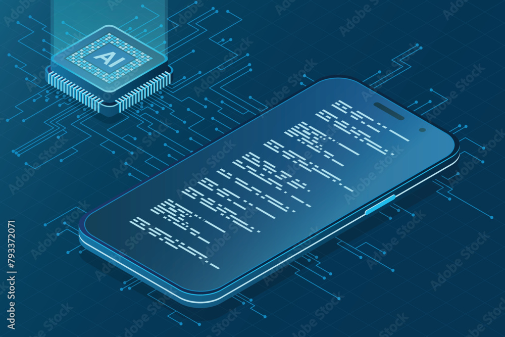 Poster isometric smartphone with ai. artificial intelligence and smartphone concept. smartphone with futuri
