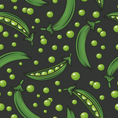 Vector Seamless Pattern with Flat Green Pea Pod. Cartoon Green Peas Design Template for Textile, Wallpaper, Culinary Packaging
