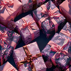 Seamless pattern of presents wrapped in purple paper