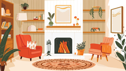 Interior living room. Fireplace and chairs. Vector flat