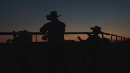 A silhouette shot of a father and sons watching the sunset on their farm