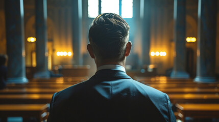 Fototapeta premium Rear view of a person in a courtroom, standing with a confident posture, cinematic lighting.