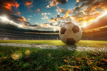 Close-up of a soccer ball on the field with players in action at a stadium during sunset