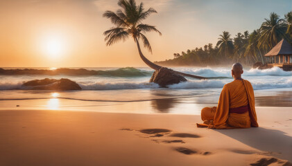 Meditierender Mönch am Strand