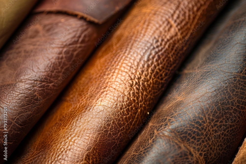 Poster Variety in Leather: Stacked Jackets with Unique Colors and Textures, An Array of Style.