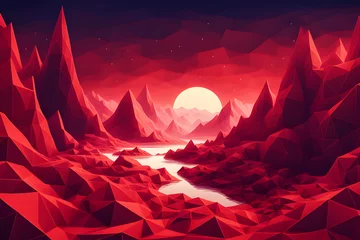 Foto op Canvas Abstract Fractal Wallpaper Background in red with Glowing Lines. Red  sci-fi  colorful lighting  low poly  abstract  landscape  glowing dots © Julaporn