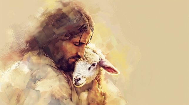 Jesus christ hugging a lost lamb in his arms with care and protection