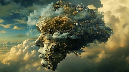 A woman's face is shown in a surreal landscape with a house and trees