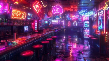 A neon-lit bar with neon signs and neon lights