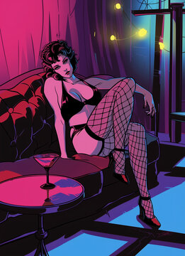 Femme du monde de la nuit : stripteaseuse ou pole danseuse au club en train d'attendre les clients en buvant un verre, illustration r&eacute;tro