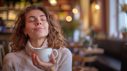 Content Woman Savoring Coffee in Cozy Cafe