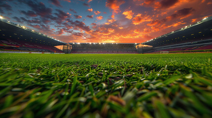 Football Pitch at Twilight with Crimson Skies