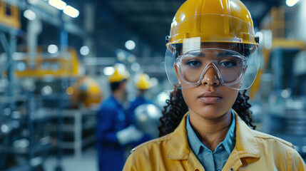 Confident Female Engineer with Safety Gear in Factory