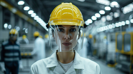 Focused Female Engineer in Protective Gear at Industrial Site