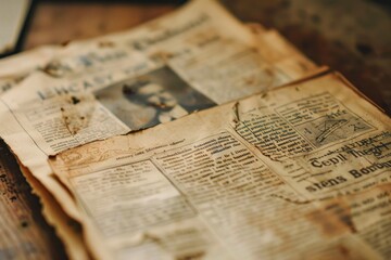 A stack of old newspapers with a man's picture on the front - obrazy, fototapety, plakaty