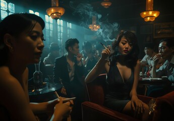 Interior color photograph of a mixed crowd in a dim Chinatown bar, unfriendly and vaguely menacing vibe. From the series �Trouble.�