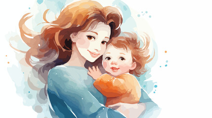 Obraz na płótnie Canvas Watercolor Cute Mama and Baby 2d flat cartoon vacto