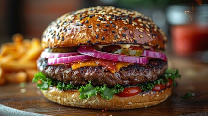 Juicy gourmet burger with condiments and sides