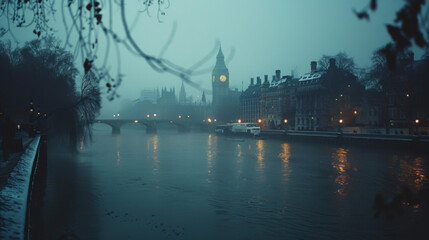 Misty view of Big Ben and the Houses of Parliament by the Thames in twilight.