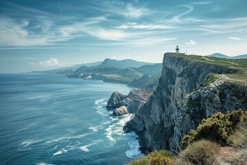 view of a rocky mountainous cliff with the blue ocean sea water landscape - Powered by Adobe
