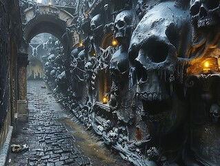 A dark, creepy hallway with skulls and bones on the walls