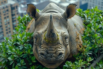 Obraz premium Close up View of a Rhino Sculpture Peeking Through Green Foliage in Urban Environment