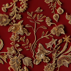 Seamless pattern of golden embroidery on red fabric