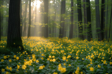 Meadow with grass and yellow flowers between trees in forest in springtime.