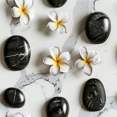 Seamless pattern of black spa hot stones and flowers