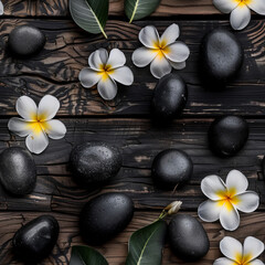 Seamless pattern of plumeria flowers and spa stones on dark wood