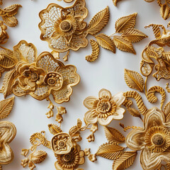 Seamless pattern of golden embroidery on white fabric