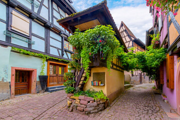 A picturesque alley with two paths surrounded by colorful half-timbered medieval homes in the French village of Eguisheim, France, in the Alsace region. 