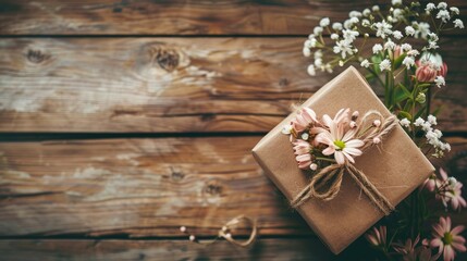 Obraz na płótnie Canvas On a rustic wooden table sits a delightful birthday gift box adorned with beautiful flowers just waiting to be given as a heartfelt Mother s Day greeting card