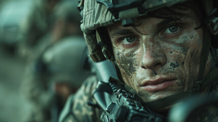 Fototapeta premium Close-up of a soldier with camouflage paint on face and helmet, shallow depth of field, cinematic look.
