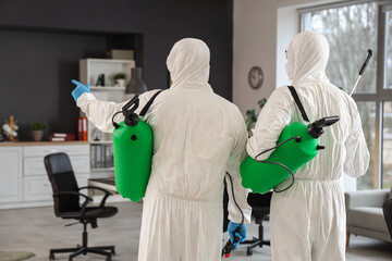 Male workers with disinfectant in office, back view