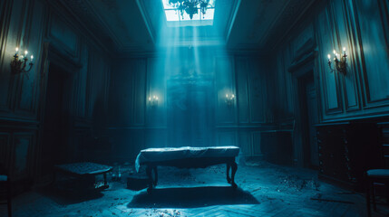 Moody cinematic still of a mortician's preparation room bathed in blue light with a covered body on the table.